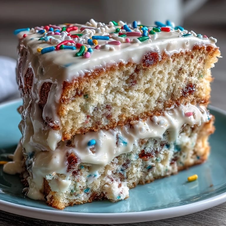 Festive funfetti dip cake layered with fluffy cake, perfect for celebrations.