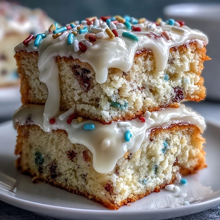 Generously sprinkled Spring Birthday Party Funfetti Dip Cake ready to serve.