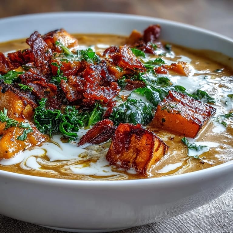 Rich sweet potato soup blended with smoky pancetta and hearty vegetables, garnished with crunchy pancetta bits.  