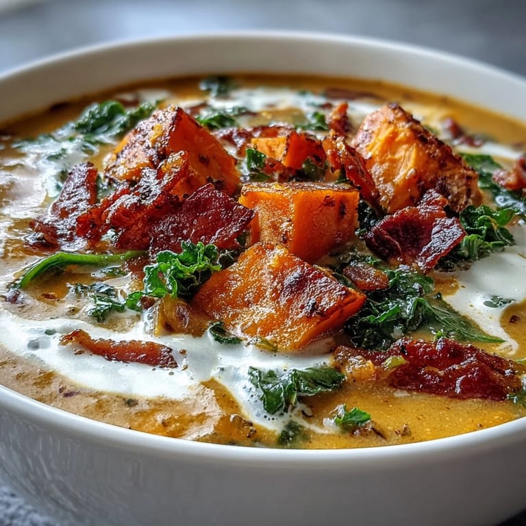 Hearty bowl of sweet potato chowder with smoky spices, tender kale, and a swirl of cream for comfort.