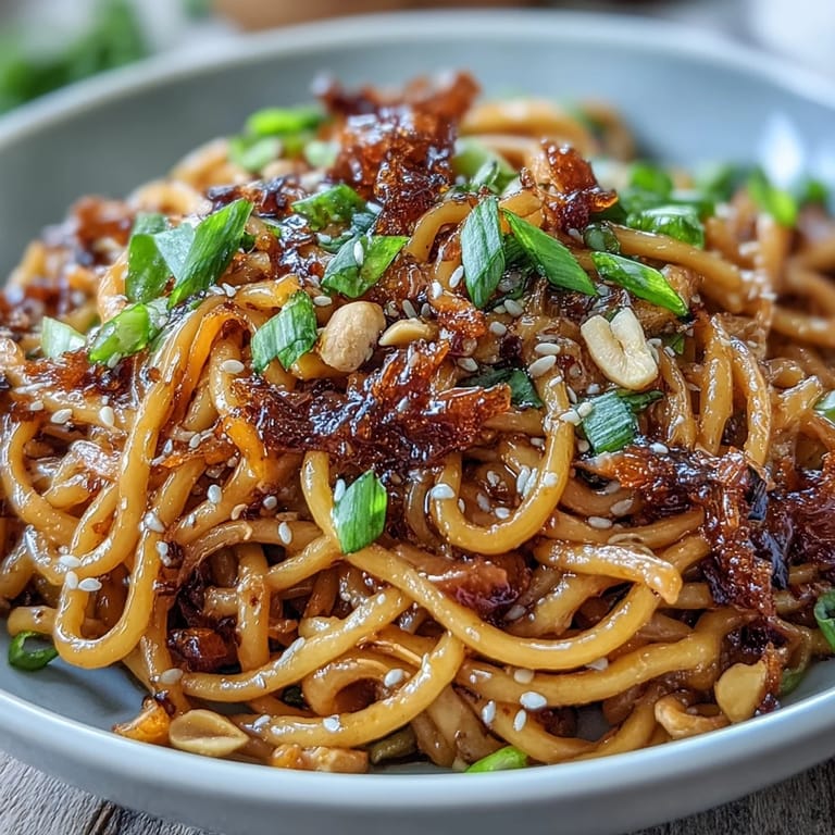Chewy wheat noodles coated in chili crisp sauce, topped with peanuts and scallions for a satisfying vegetarian meal.