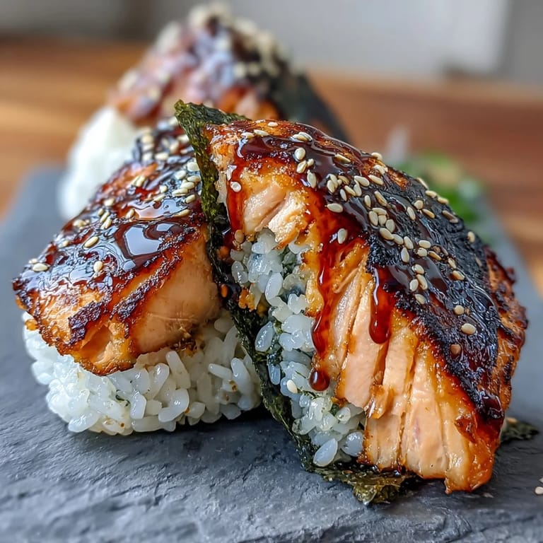 Warm Japanese rice balls stuffed with tender grilled salmon, wrapped in nori for a satisfying handheld treat.  