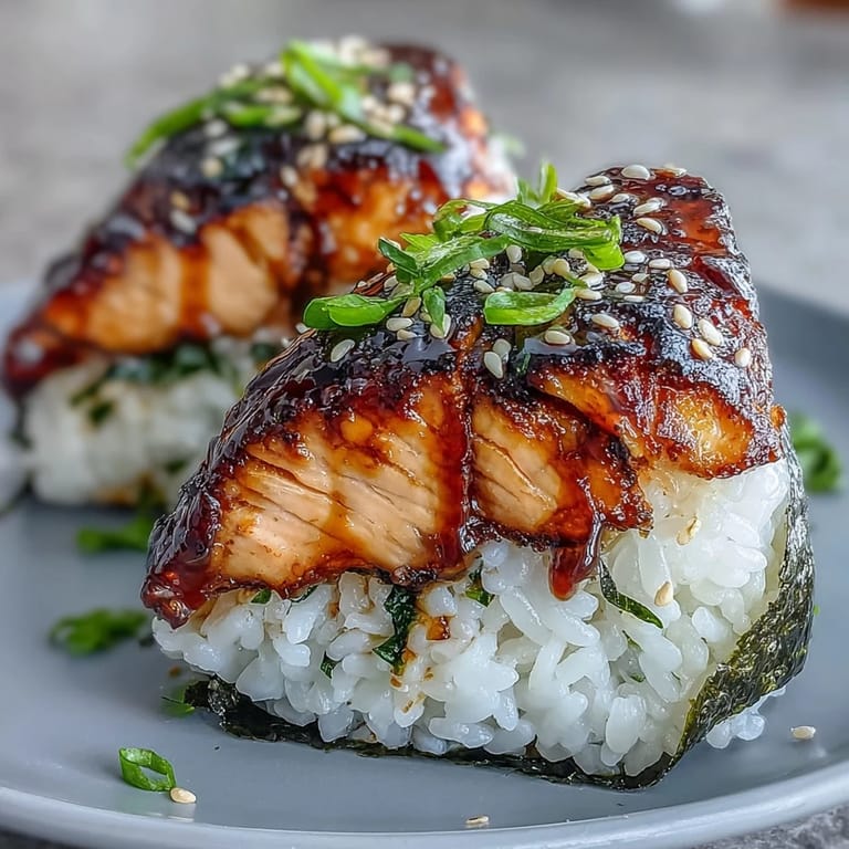 Golden-brown grilled salmon onigiri showcasing flaky fish inside sticky rice, ideal for picnics or lunchboxes.