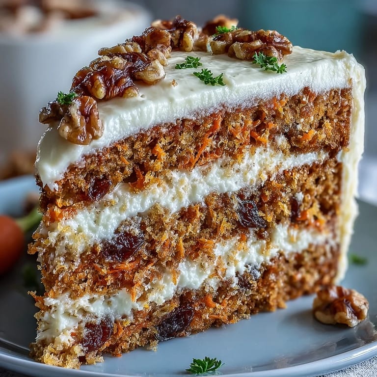 Layered carrot cake with tangy cream cheese frosting, topped with delicate candied carrot curls for an elegant Easter treat.