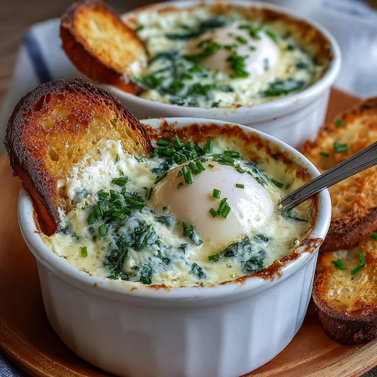 Elegant Easter eggs en cocotte featuring parmesan and chive custard, baked to perfection in small ceramic dishes.
