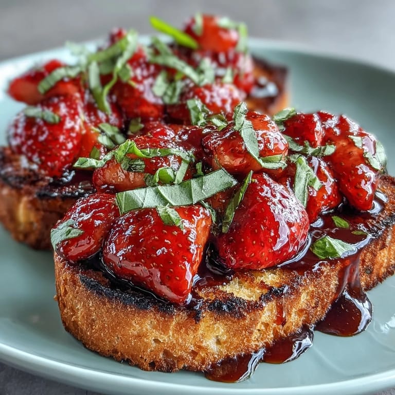 Juicy strawberry and basil topping crowns crispy, garlic-rubbed grilled sourdough slices.