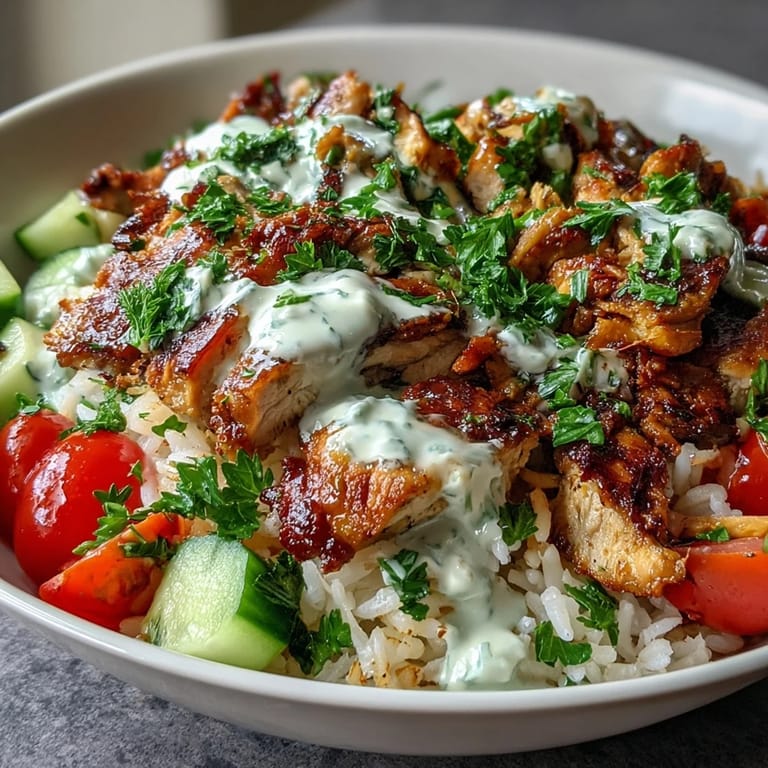 Flavorful Middle Eastern Shawarma Bowl with fluffy rice and a tangy tahini drizzle.