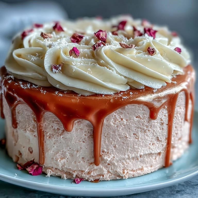 Decadent bridal shower cake featuring delicate pink velvet and edible gold drips.