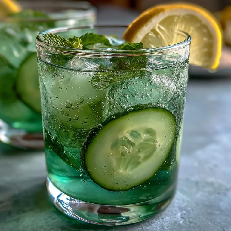 Vibrant Sparkling Cucumber Mint Lemonade Mocktail with ice, showcasing its refreshing qualities.