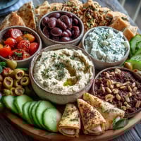 A Mediterranean brunch board with creamy hummus, tangy tzatziki, feta, and crisp veggies on fresh flatbreads.