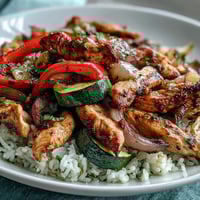 A vibrant Sheet Pan Fajita Bowl with roasted chicken, colorful peppers, onions, and cilantro atop fluffy cauliflower rice.