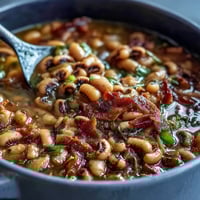 Steam rises from a big pot of Texas black-eyed peas simmering with smoky bacon, diced jalapeños, and Rotel tomatoes for a hearty Southern meal.  