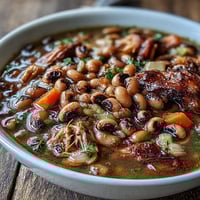 Steamy pot of Black-Eyed Peas With Smoked Turkey simmering with carrots and celery.  