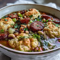 A close-up of Black-Eyed Peas and Sausage Dumplings in a rustic pot, showcasing tender peas and browned sausage in a rich, savory broth.  