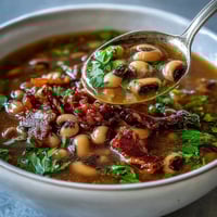 A hearty bowl of black-eyed peas and bacon soup with smoky bacon bits and tender vegetables in a rich broth.  
