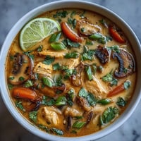 Creamy Thai Coconut Curry Soup Bowl with tender chicken, mushrooms, and carrots in a fragrant red curry broth. Garnished with fresh cilantro and lime.