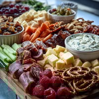 A colorful grad party snack board with sweet and savory bites, perfect for celebrating graduates.