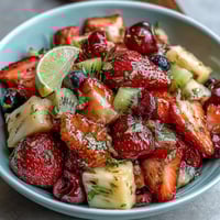 A vibrant bowl of strawberry lemonade fruit salad with fresh strawberries and juicy watermelon, drizzled in zesty homemade lemonade dressing.