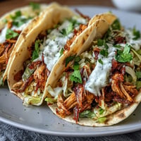 Crispy roasted chicken and tangy cabbage slaw piled high in warm tortillas, drizzled with creamy lemon sauce for a zesty taco twist.  