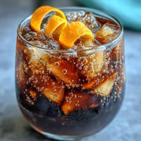 Cold brew coffee tonic with orange zest, bubbly and bright served over ice.