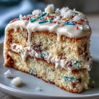 Bright Spring Birthday Party Funfetti Dip Cake adorned with colorful sprinkles.
