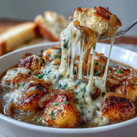A warm bowl of gnocchi French onion soup with caramelized onions and melted Gruyère cheese on toasted baguette slices.