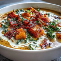 A creamy, smoky chowder with tender sweet potatoes, crispy pancetta, and wilted kale, perfect for cozy meals.  