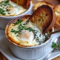 Baked eggs en cocotte with creamy custard and fresh herbs in individual ramekins, perfect for Easter brunch.